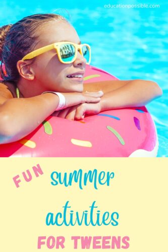 Tween girl wearing mirrored sunglasses in a sprinkle donut floatie in a pool