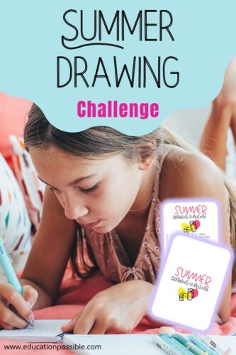 Tween girl using pen to draw in a notebook lying on her bed. Image of PDF drawing challenge on bottom right.