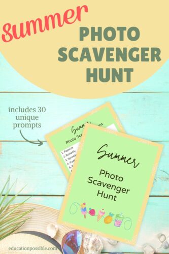Product listing for a printable summer photo scavenger hunt. Background is light blue battered wood table with summer hat, sand, sunglasses at bottom of image.
