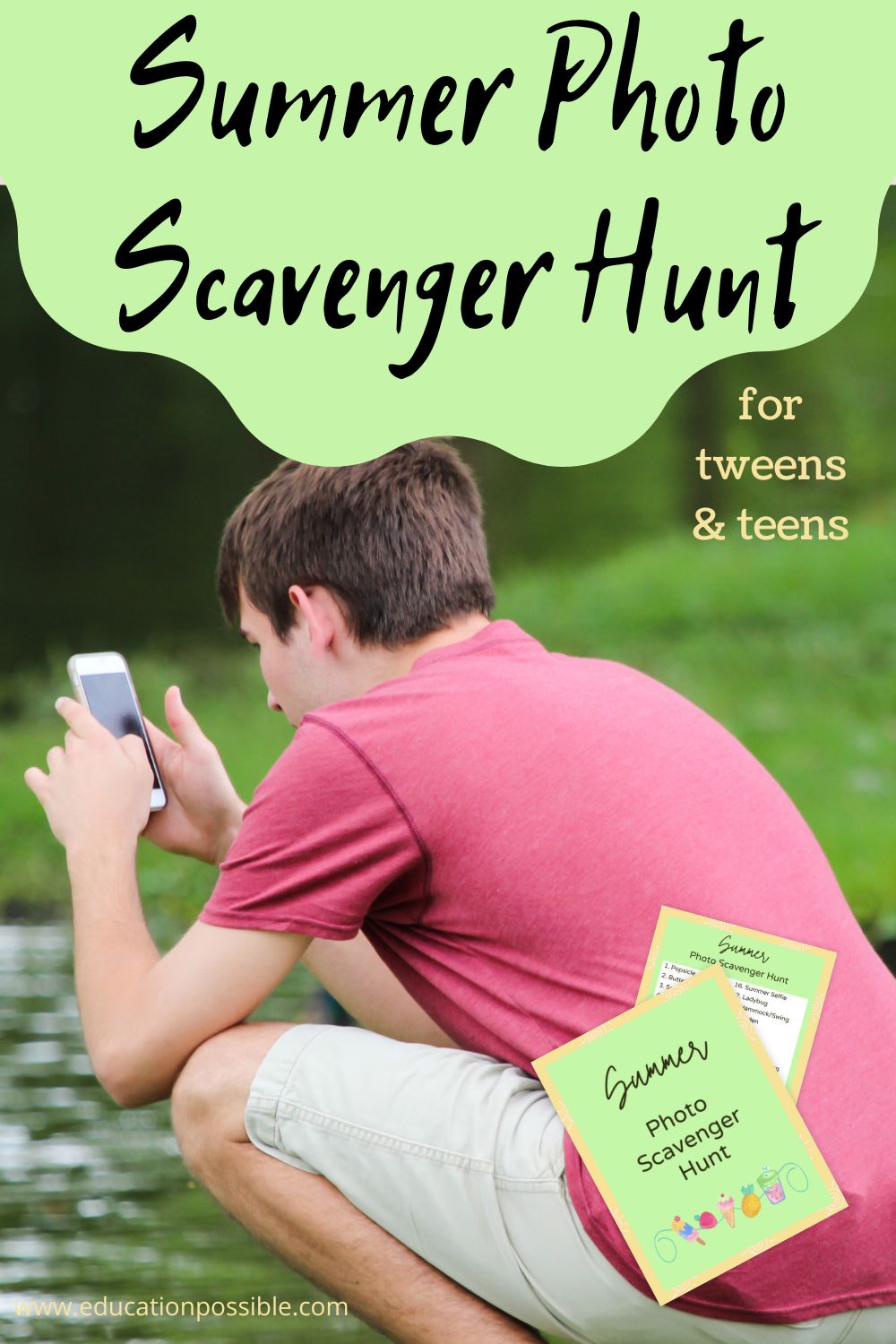 Teen boy wearing a red t-shirt and tan shorts bending at the edge of a pond taking a picture. Image of PDF scavenger hunt over image at bottom.