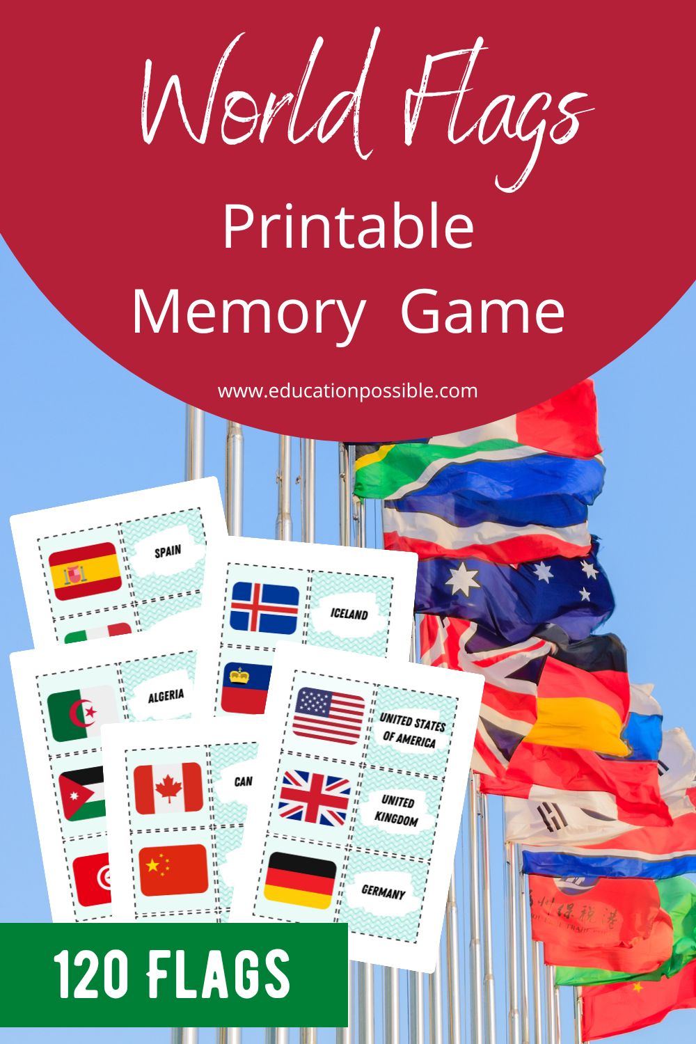 Line of world flags flying on flagpoles. Images of pages from a world flag memory game.