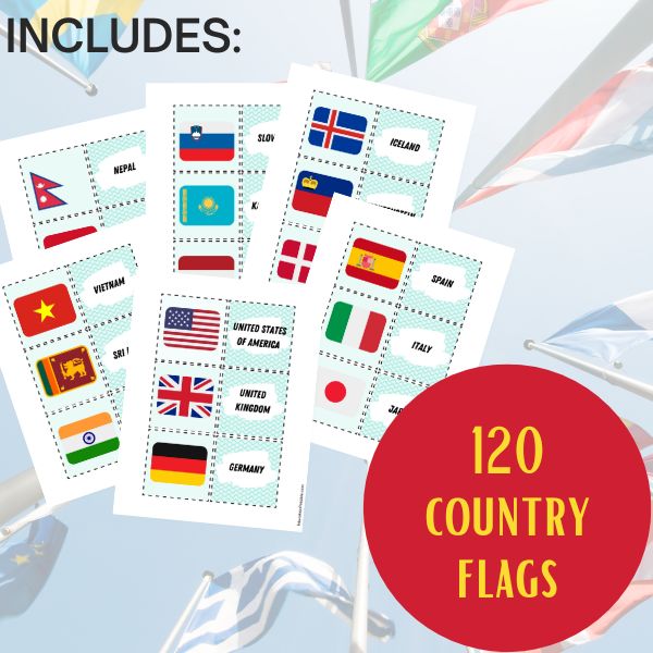 Faded circle of world flags on metal flagpoles. Images of printable sheets from a flag memory game.