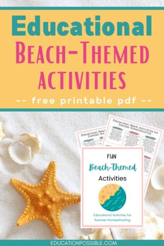 Shells and an orange starfish laying on white sand. Beach activities printable images on top of the image.