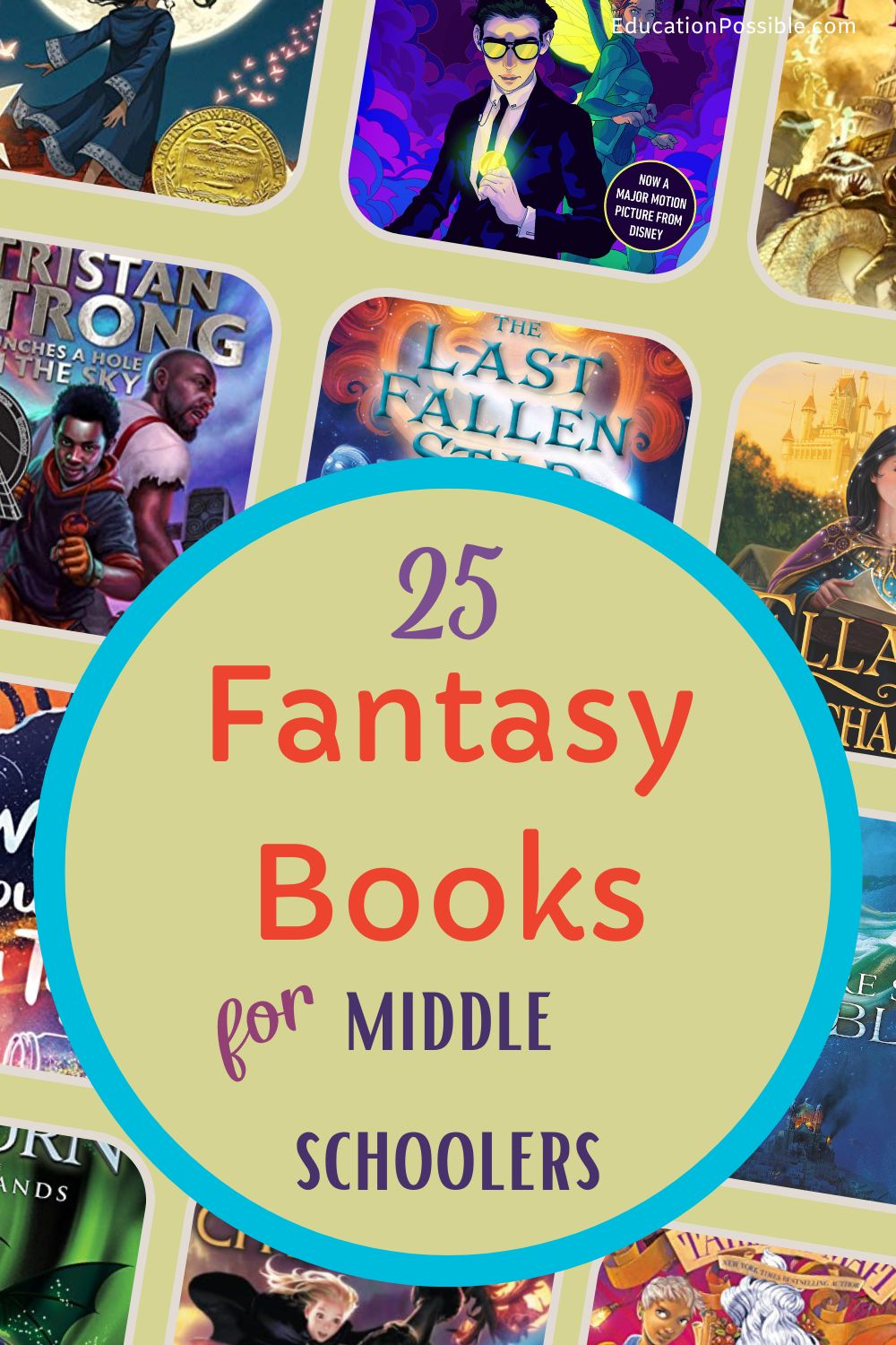 Collage of middle grade fantasy book covers. Middle school book list.