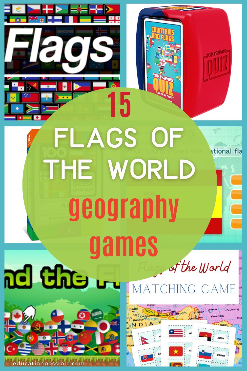 Collage of 6 games for teaching about world flags. Printable pages, online graphics, and board games.