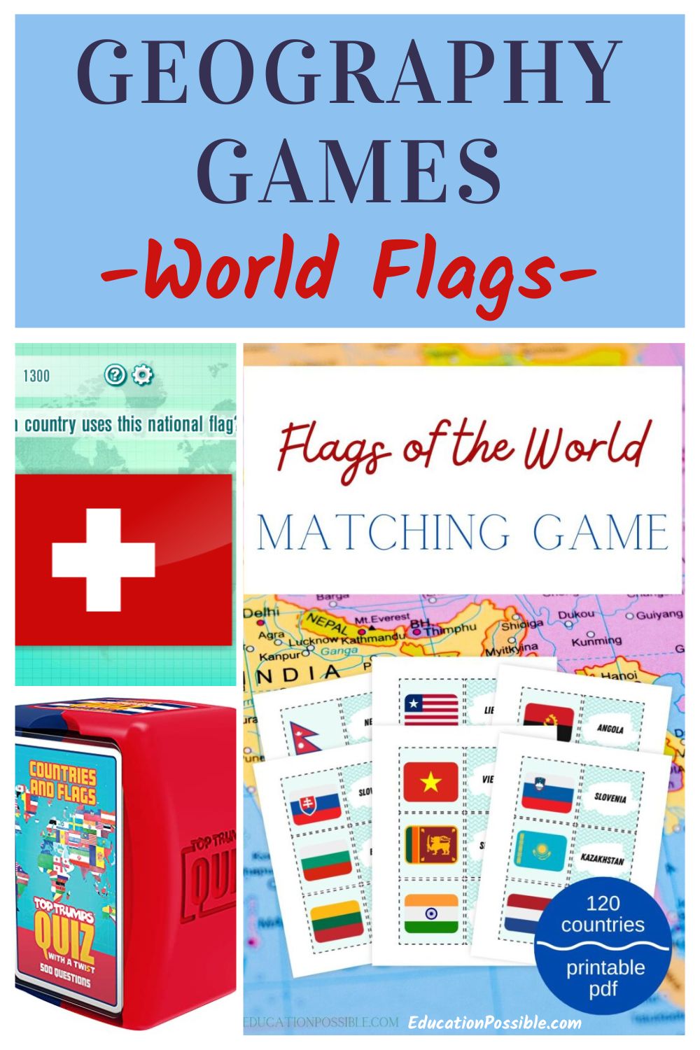 Collage of 3 world geography games. Card game, printable flag pages and online graphic of Switzerland flag.
