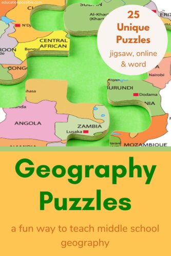 4 pieces of a African map jigsaw puzzle lined up to put together, sitting on a lime green background