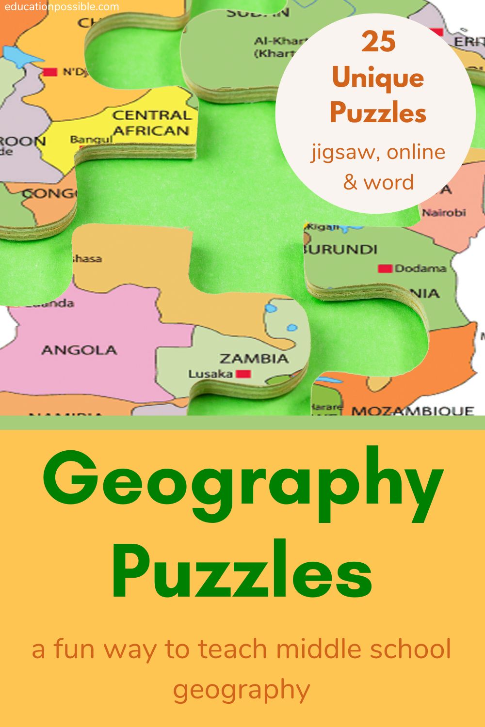 4 pieces of a African map jigsaw puzzle lined up to put together, sitting on a lime green background