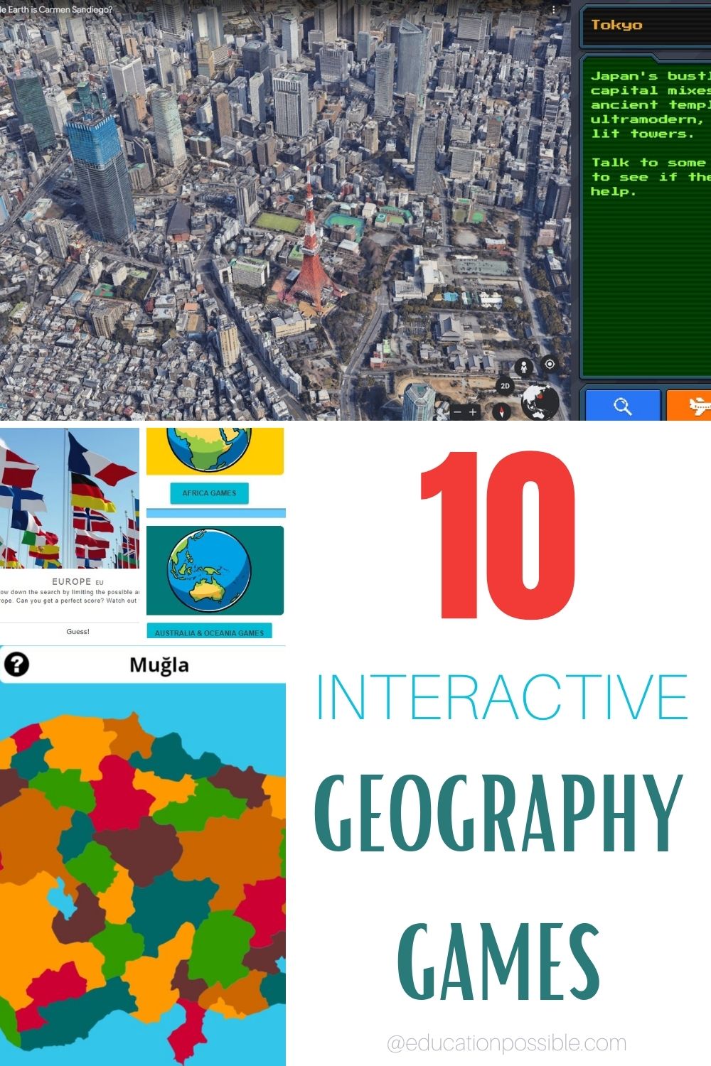 Collage of 4 images from online geography games.