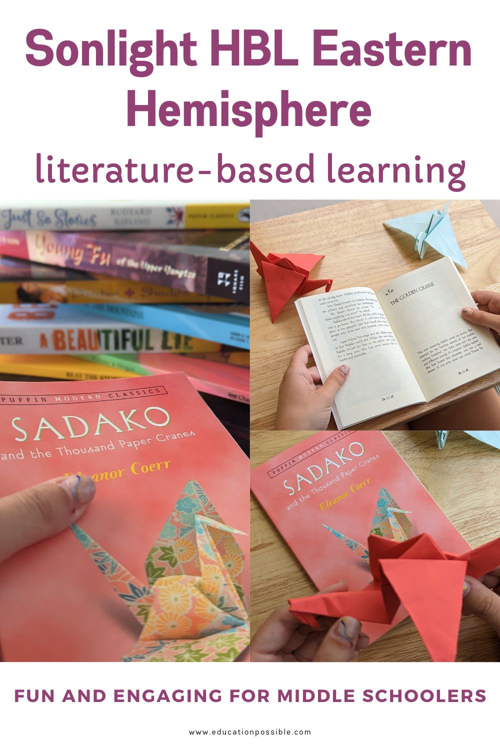 Collage of 3 images. Girl holding Sadako book with other books stacked in background. Sadako book on table with girl holding red origami crane in hands. Girl reading book with red and blue origami cranes sitting on small table.