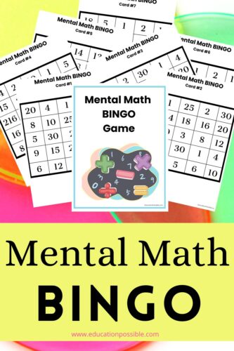 Pages from a math bingo printable over an image of neon game tokens.