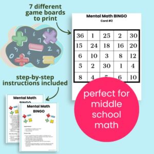 Pages from a printable math bingo game.
