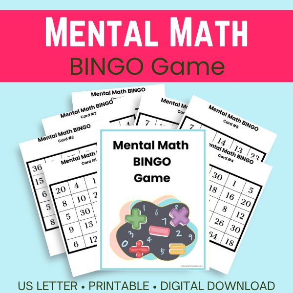 Pages from a printable math bingo game.
