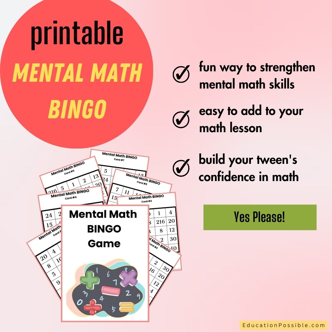 Opt-in sales box for a printable mental math bingo game. Shows pages from the pdf over pink background.