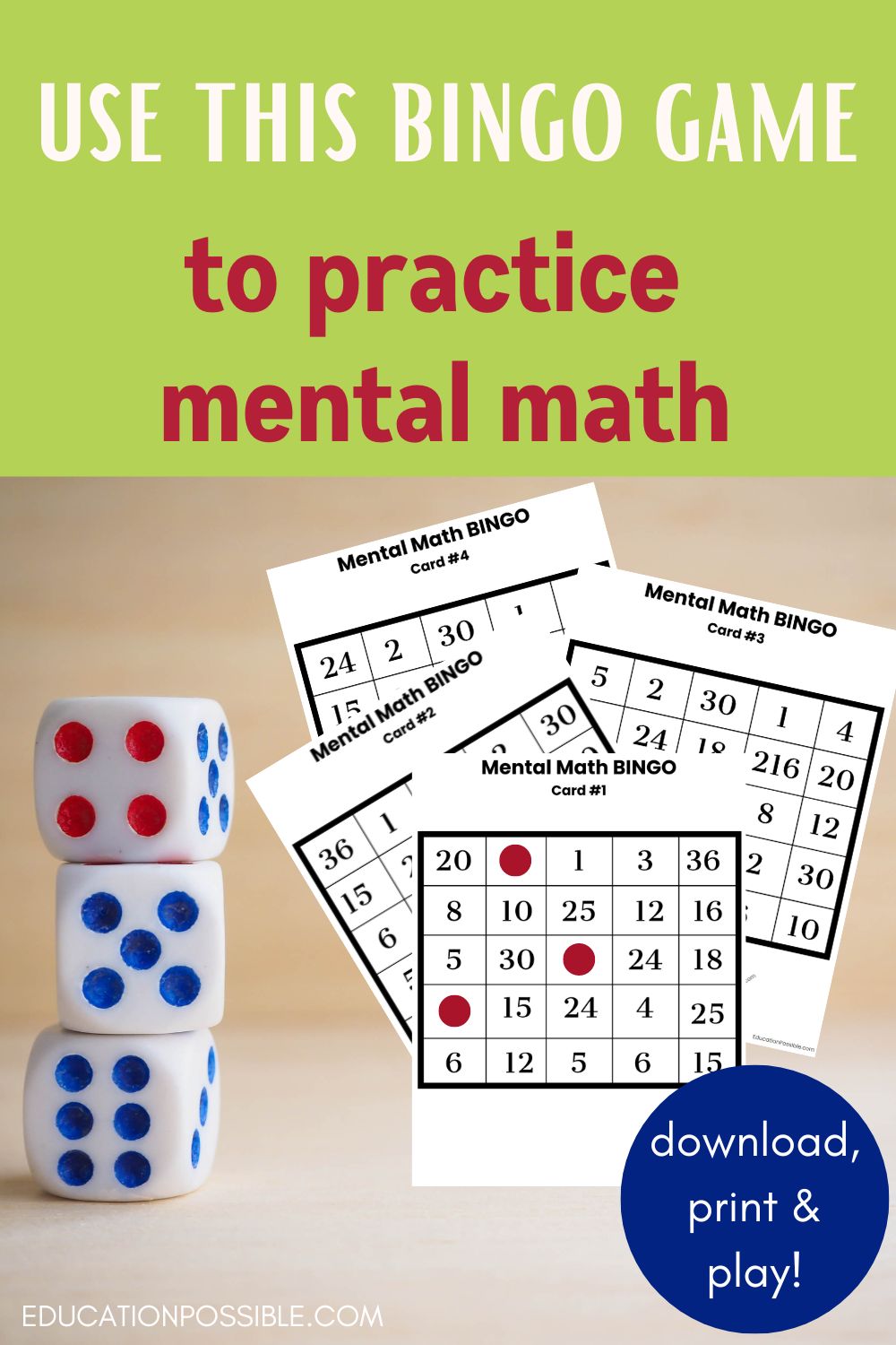 Printable pages of math bingo game to the right of an image of three dice standing on top of one another.