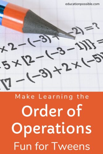 Math problems typed onto a sheet of paper with a pencil lying on top. Text in orange box about order of operations for math.