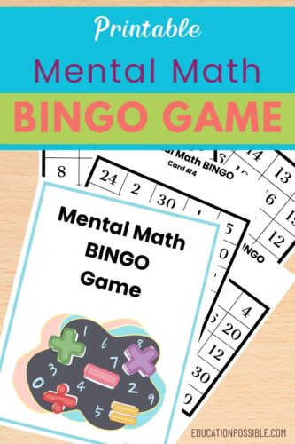 Image of printable pages from a math BINGO game. Light wood table background.