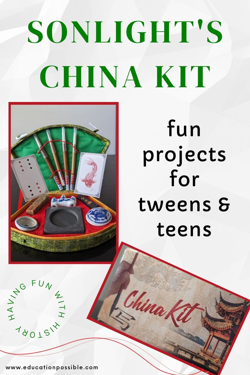 Two images of Sonlight's China Kit. One of the front of the box. The other with the kit open showing its contents.
