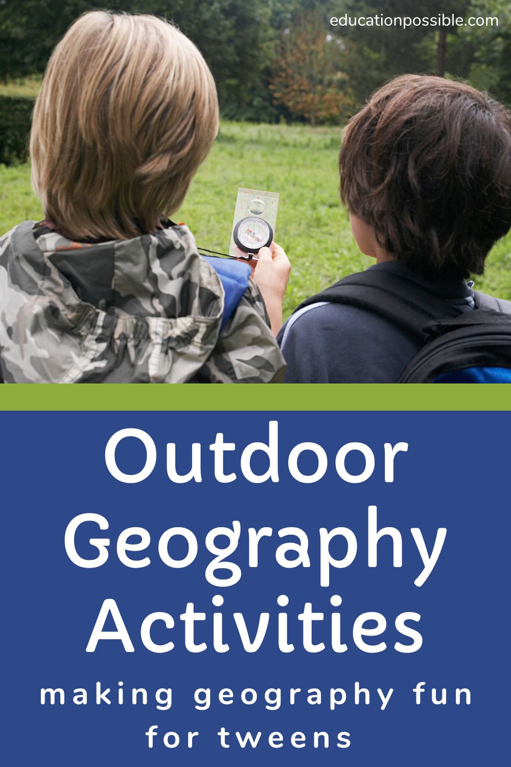 Two tween boys facing trees in an outdoor setting, using a compass.