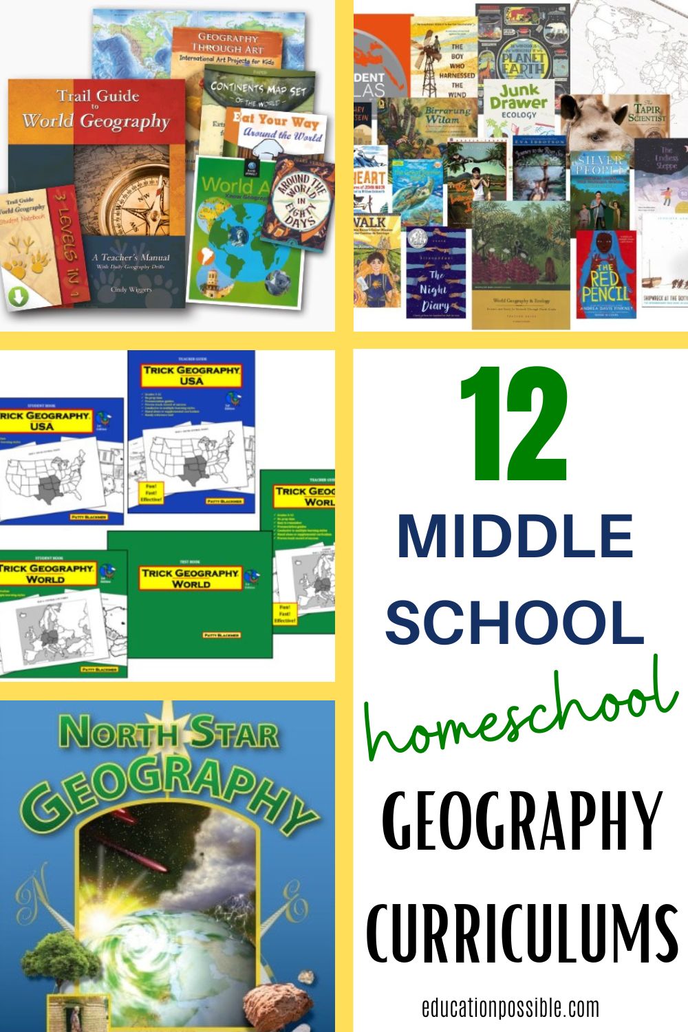 Collage of 4 different middle school geography curriculum packages for homeschoolers.